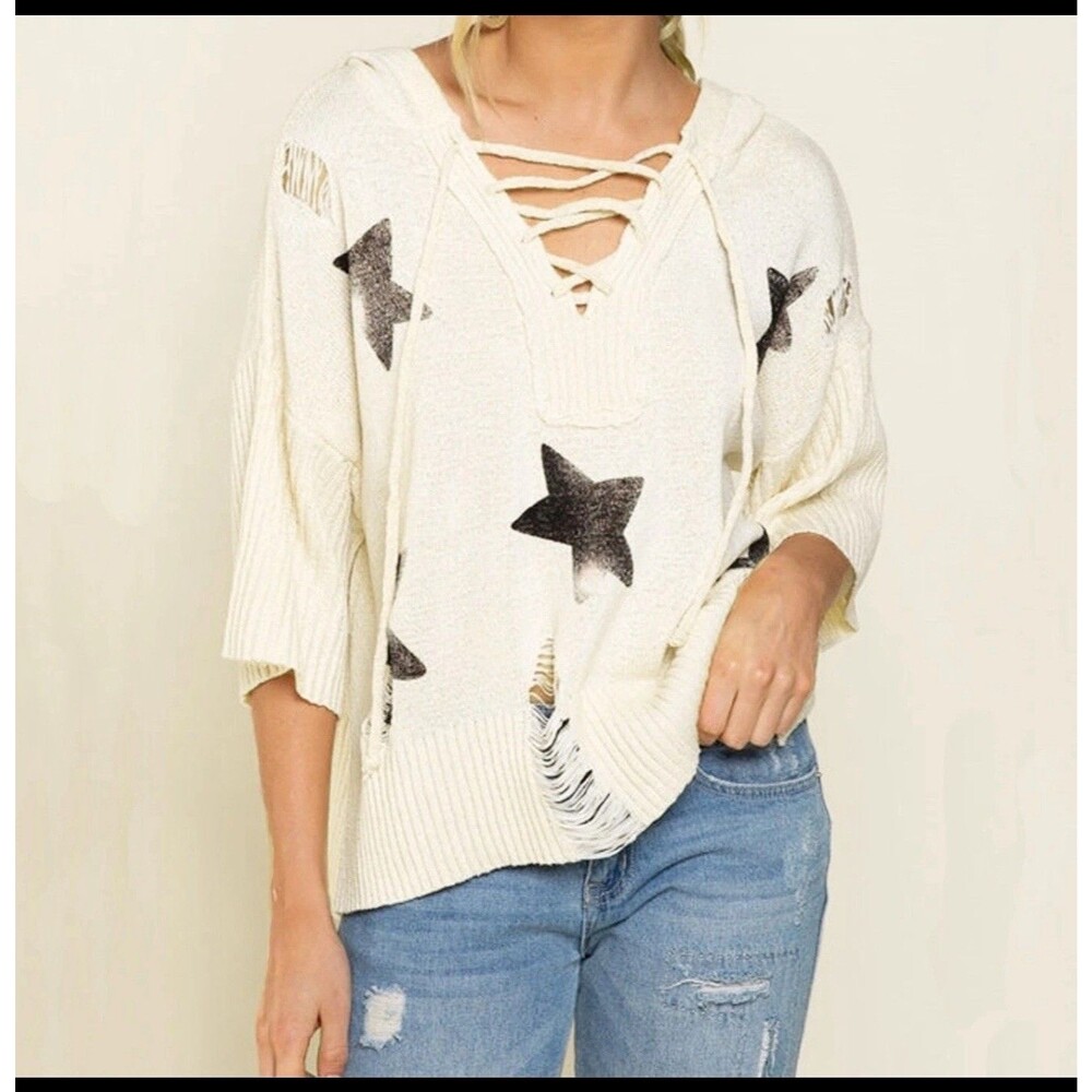 NWOT POL Size M Ivory Goldish Brown Stars Tight Knit Distressed Hoodie Sweater